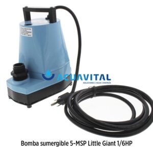 Foto principal real del producto Bomba sumergible para fuente, modelo 5-MSP en aluminio marca Little Giant Qmax:25GPM@2m Hmax:8m 1/6 HP 115V 60HZ, Descarga 1"FNPT o 3/4" manguera, con 3.05m de cable, submarca de F MPN:505723
