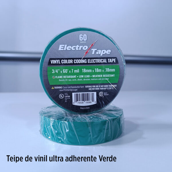 Foto principal real del producto Teipe color VERDE, ultra adherente de vinil resistente UV, rollo de 3/4 plg de ancho x 60 pies de longitud CE: Este item tiene el codigo correcto para ELECTAPEGREEN MPN:15061-0102G