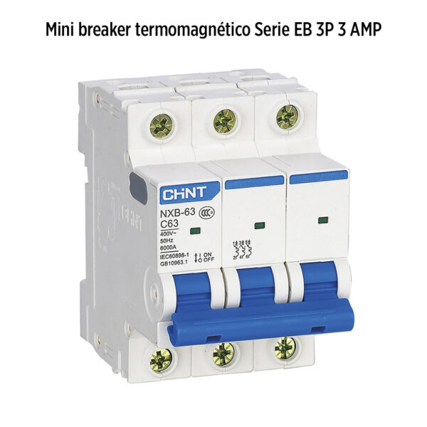Foto principal real del producto Minibreaker termomagnetico marca CHINT Serie EB de tres polos 3 Amp MPN:20900240
