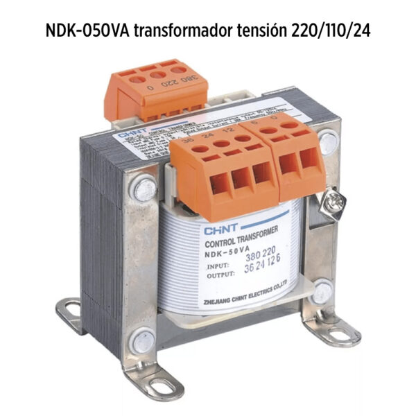 Foto principal real del producto Transformador de tensi?n para circuitos de control de 50VA primario multivoltaje en 24/110/220V, secundario en 24V marca CHINT codigo NDK-050VA-220/110/24 MPN:21400650