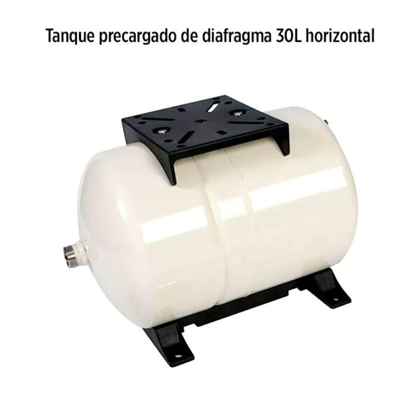 Foto principal real del producto Tanque precargado de diafragma de 30lt, Horizontal en acero con soporte plastico para atornillar la bomba Franklin Electric MPN:313008101