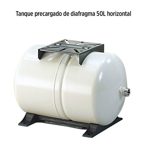 Foto principal real del producto Tanque precargado de diafragma de 50lt, Horizontal en acero con soporte plastico para atornillar la bomba Franklin Electric MPN:313009101