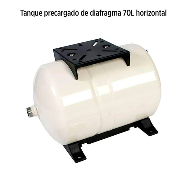 Foto principal real del producto Tanque precargado de diafragma de 70lt, Horizontal en acero con soporte plastico para atornillar la bomba Franklin Electric MPN:313011101