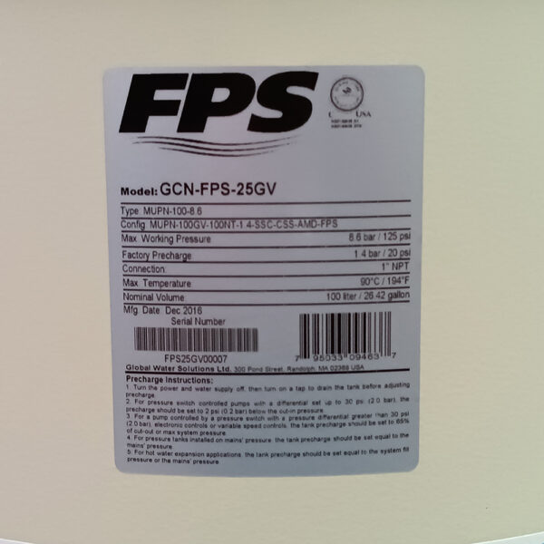 Foto real de la placa de producto Tanque precargado de diafragma de 96lt, Vertical en hierro, asiento del tanque en plastico Franklin Electric CD: MPN:313017101