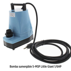 Foto principal real del producto Bomba sumergible para fuente, modelo 5-MSP en aluminio marca Little Giant Qmax:25GPM@2m Hmax:8m 1/6 HP 115V 60HZ, Descarga 1"FNPT o 3/4" manguera, con 3.05m de cable, submarca de F MPN:505723
