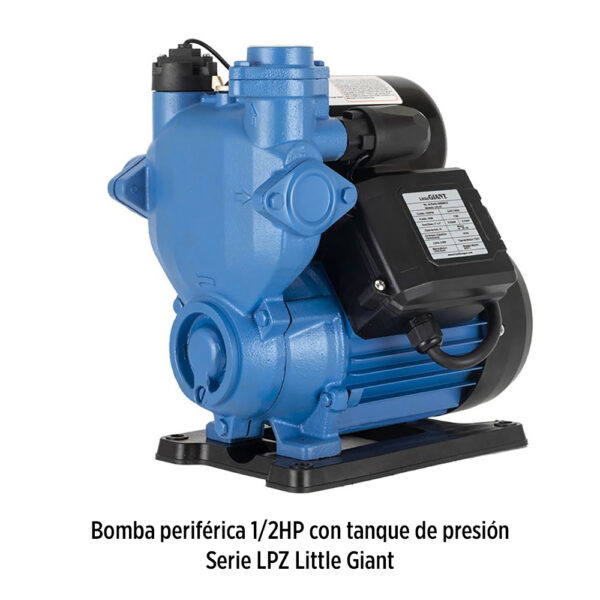 Foto principal real del producto Bomba periferica de 1/2HP 115V integrada con tanque de presion, interruptor de flujo, ejercitador antibloqueo, proteccion termica, Serie LPZ, marca Little Giant de Franklin Electri MPN:64000012