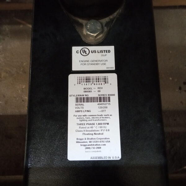 Foto real de la placa de producto Planta Briggs Sttr 80Kw fija 110/220V a gas trifasica, usada, Usado,  MPN:080081-00