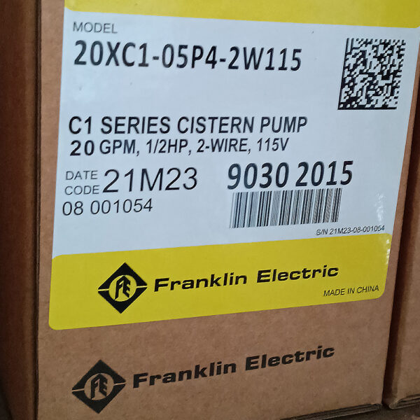 Foto real de la Etiqueta de caja Bomba para meter tanqu 1HP 1in Franklin 90302015