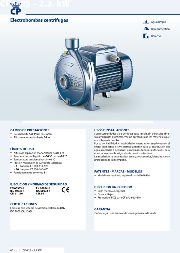 Ficha tecnica de bomba de agua electrica Bomba centrifuga de 1HP 110/220V 1PH marca Pedrollo, Opt 16GPM@28.5m, 1x1plg, 12/6Amp, 11Kg, Max 26.5GPM@21m, Min 3GPM@34m, Cuerpo de bomba en hierro fundido con tratamiento de cat MPN:CPm 620