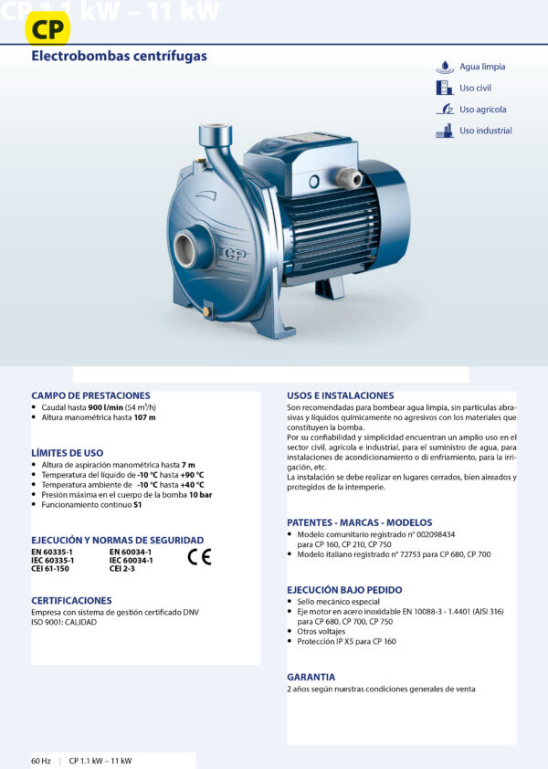 Ficha tecnica de bomba de agua electrica Bomba de agua 5 50 2in Pedrollo CP 680C