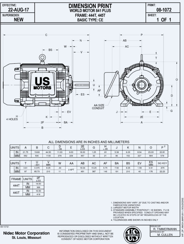 Ficha de dimensiones de motor electrico Motor de 100HP 1200RPM 6P 404T TEFC IP65 460V marca US Motors NEMA FCA-Miami MPN:8D100P3CB