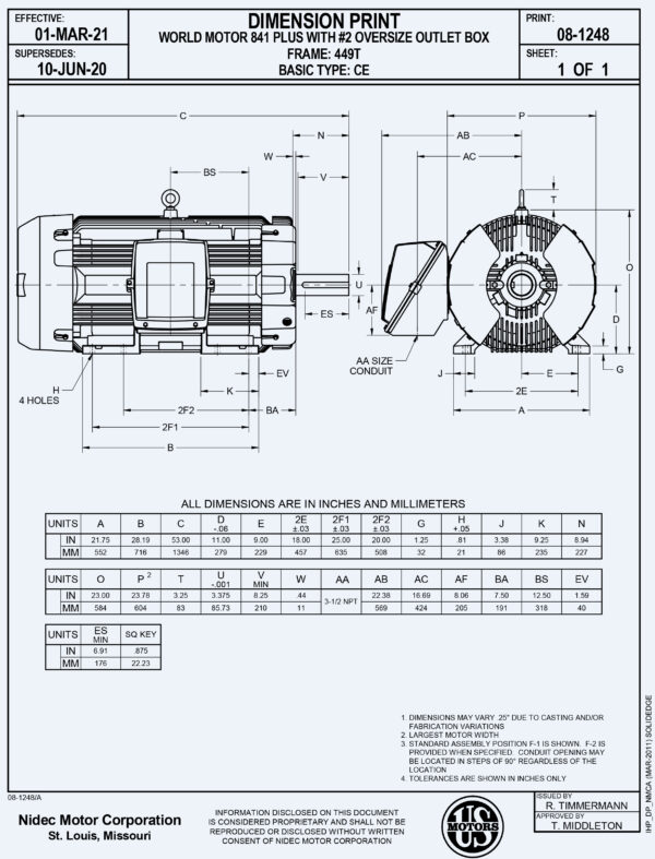 Ficha de dimensiones de motor electrico Motor de 200HP 1200RPM 6P 404T TEFC IP65 460V marca US Motors NEMA FCA-Miami MPN:8D200P3CB