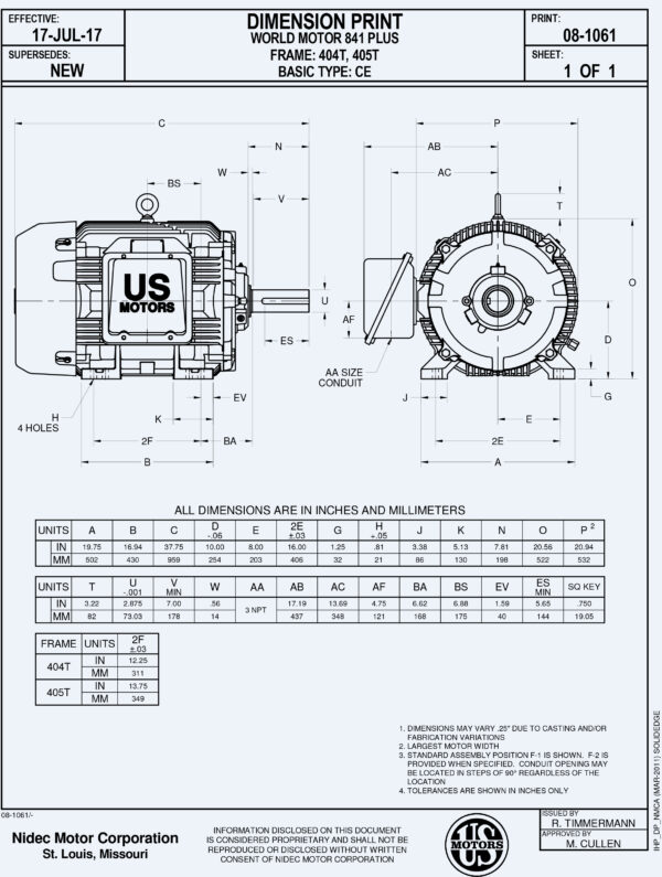 Ficha de dimensiones de motor electrico Motor de 75HP 1200RPM 6P 404T TEFC IP65 460V marca US Motors NEMA FCA-Miami MPN:8D75P3CB