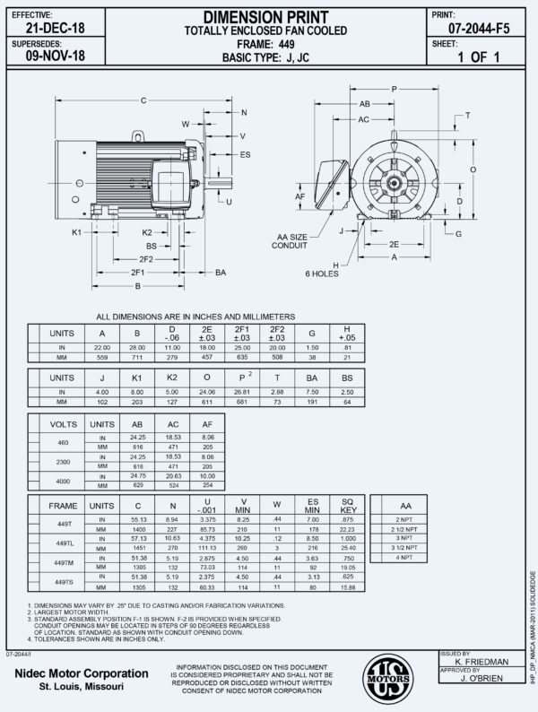 Ficha de dimensiones de motor electrico Motor de 400HP 1800RPM 449T 3ph 460V 8P400P2C marca US Motors NEMA Premium Efficient IEEE841 TEFC CorroDuty FCA-Miami MPN:8P400P2C