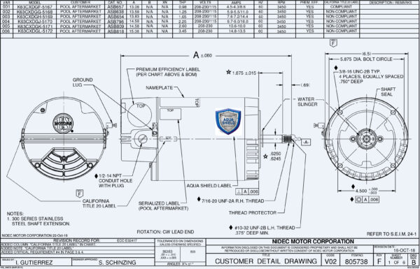 Ficha de dimensiones de motor electrico 3HP US Motors NEMA RED AS818 FAC-Miami MPN:ASB818