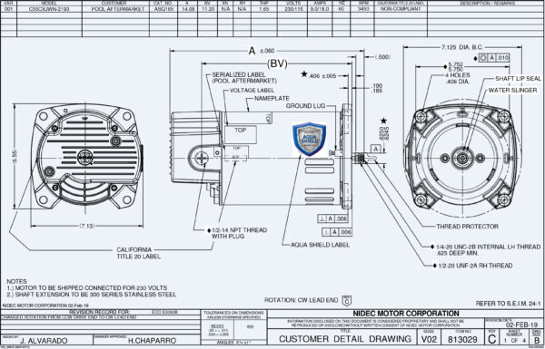 Ficha de dimensiones de motor electrico 1.5HP US Motors NEMA SQ FAC-Miami MPN:ASQ165