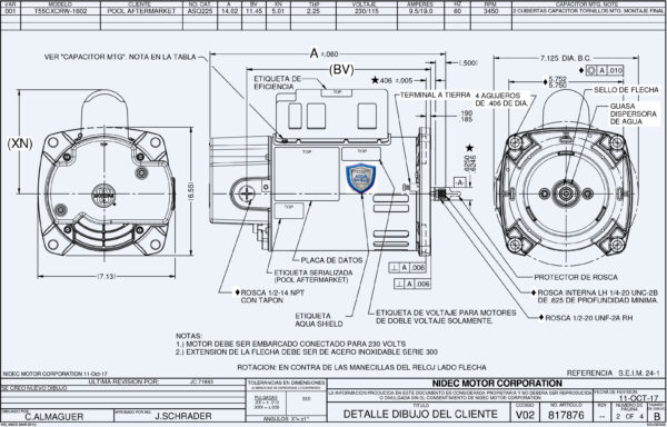 Ficha de dimensiones de motor electrico 2HP US Motors NEMA SQ FAC-Miami MPN:ASQ225