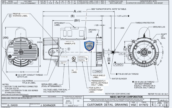 Ficha de dimensiones de motor electrico 2HP US Motors NEMA RED FAC-Miami MPN:AST225