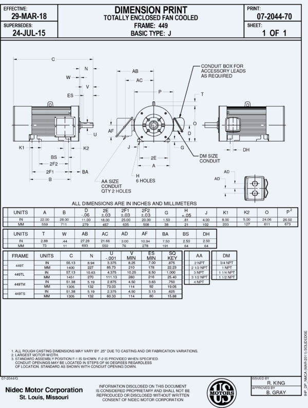 Ficha de dimensiones de motor electrico Motor de 400HP 1800RPM 449T trifasico 460V C400P2C marca US Motors NEMA Premium Efficient TEFC CorroDuty FCA-Miami MPN:C400P2C