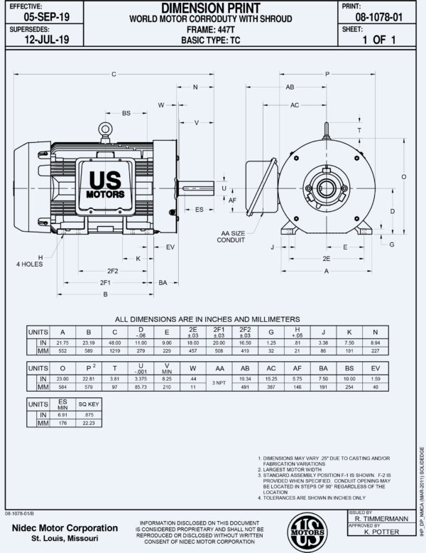 Ficha de dimensiones de motor electrico Motor de 200HP 1790RPM 447T 4P 3ph 460V GK15 WM HD200P2F marca US Motors proposito general NEMA Premium Efficient TEFC CorroDuty FCA-Miami MPN:CD200P2F