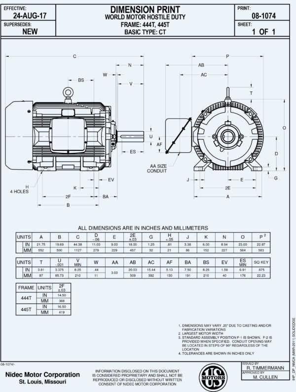 Ficha de dimensiones de motor electrico Motor de 150HP 1800RPM 445T trifasico 460V GJ06 WM - HD150P2F marca US Motors NEMA FCA-Miami MPN:HD150P2F