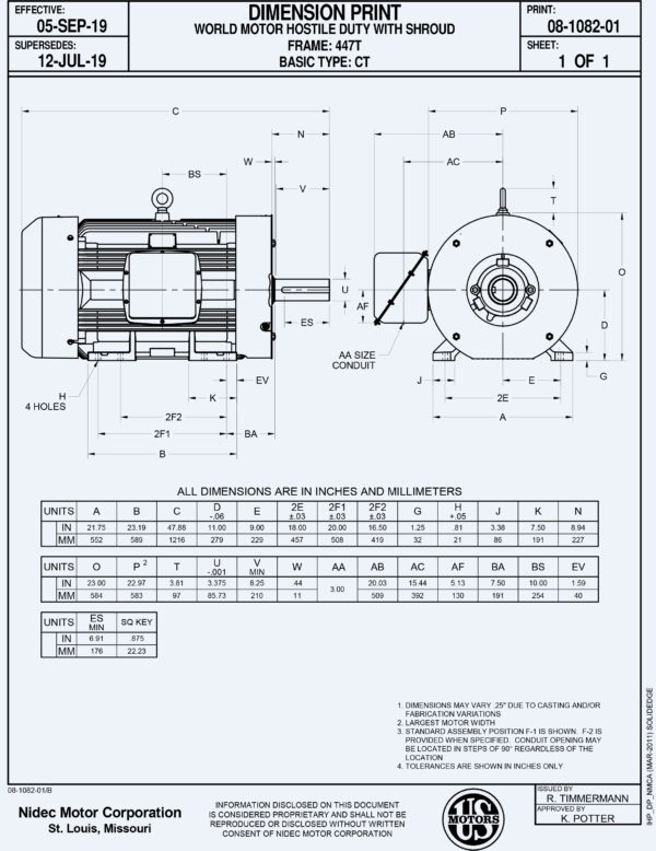 Ficha de dimensiones de motor electrico Motor de 200HP 1790RPM 447T 4P trifasico 460V GK02 WM HD200P2F marca US Motors NEMA TEFC FCA-Miami MPN:HD200P2F