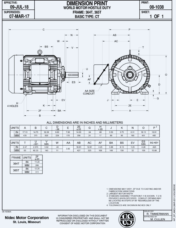 Ficha de dimensiones de motor electrico Motor de 50HP 1200RPM 6P 365T proposito general HostileDuty Premium Efficient GD08 HD40P3E WM TEFC marca US Motors NEMA FCA-Miami MPN:HD50P3E