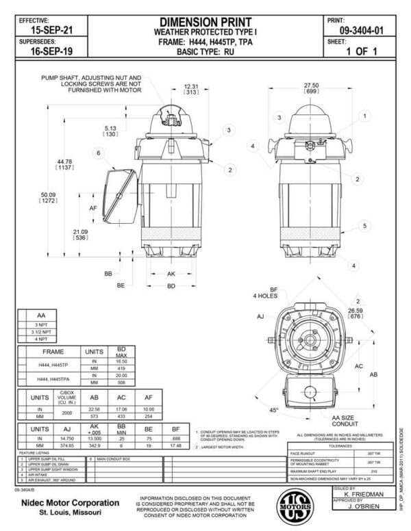 Ficha tecnica motor electrico Motor vertical 200HP USmotor HO200P2RLG