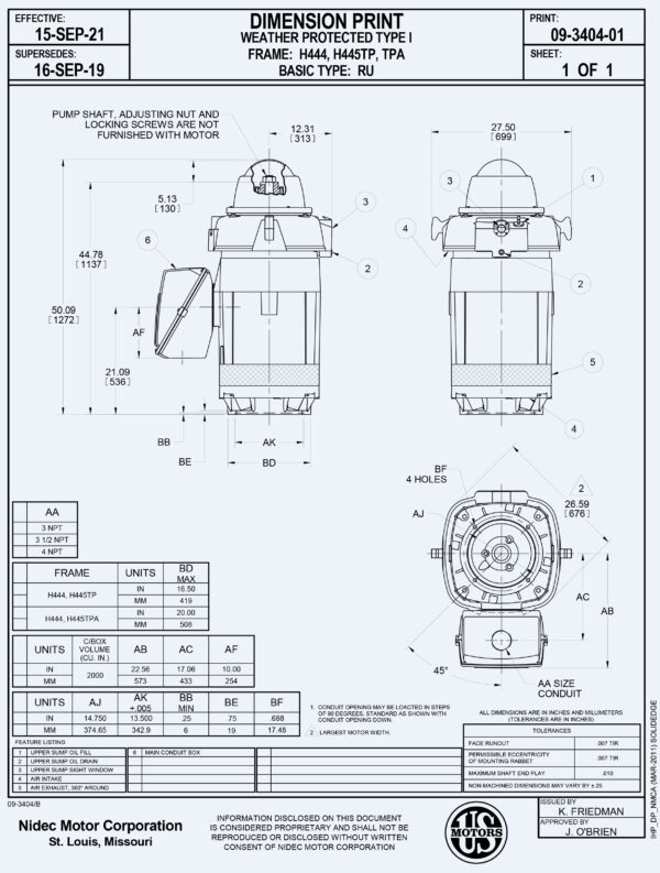 Ficha de dimensiones de motor electrico Motor de 250HP vertical eje hueco 230/460V trifasico 1800 RPM marca US Motors Nidec MPN:HO250P2RLH