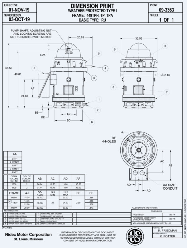 Ficha de dimensiones de motor electrico Motor de 400HP vertical eje hueco 230/460V trifasico 1800 RPM marca US Motors Nidec MPN:HO400P2SLHX