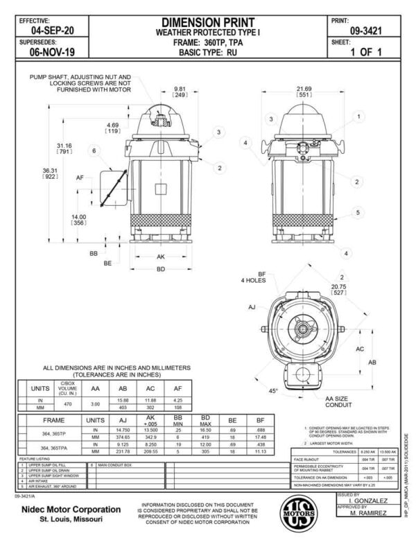 Ficha tecnica motor electrico Motor vertical 60HP USmotor HO60P2SLG