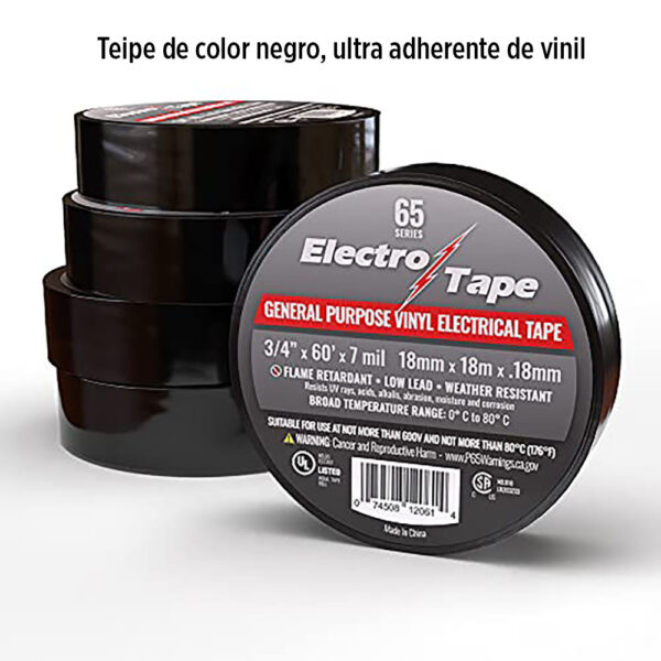 Foto principal real del producto Teipe de color negro, ultra adherente de vinil resistente UV, rollo de 3/4 plg de ancho x 60 pies de longitud MPN:ELECTAPE60
