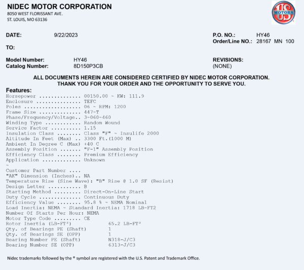 Ficha tecnica motor electrico Motor electrico 150HP USmotor 8D150P3CB