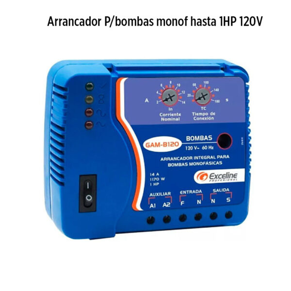 Foto principal real del producto Arrancador P/bombas monof hasta 1HP 120V marca Exceline, dise?ado especialmente para arrancar y proteger bombas monof?sicas, contra los da?os ocasionados por fallas comunes de corr MPN:GAM-B120