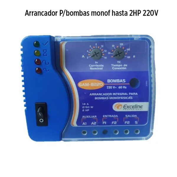 Foto principal real del producto Arrancador P/bombas monof hasta 2HP 220V marca Exceline, dise?ado especialmente para arrancar y proteger bombas monof?sicas, contra los da?os ocasionados por fallas comunes de corr MPN:GAM-B220