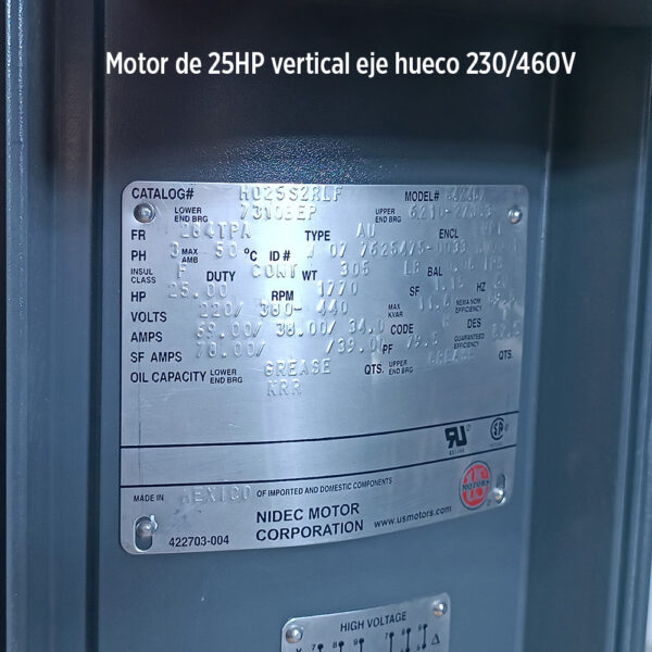 Foto real de la placa de producto Motor de 25HP vertical eje hueco 230/460V trifasico 1800 RPM marca US Motors Nidec MPN:H025S2RLF