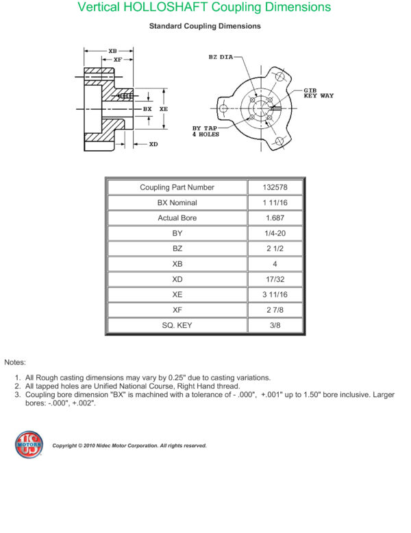 Ficha tecnica motor electrico Motor de 250HP vertical eje hueco 230/460V trifasico 1800 RPM marca US Motors Nidec MPN:HO250P2RLH