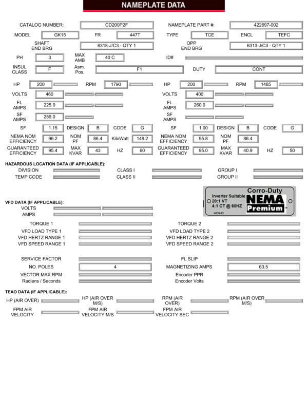 Ficha tecnica de motor segunda pagina Motor de 200HP 1790RPM 447T 4P 3ph 460V GK15 WM HD200P2F marca US Motors proposito general NEMA Premium Efficient TEFC CorroDuty FCA-Miami MPN:CD200P2F