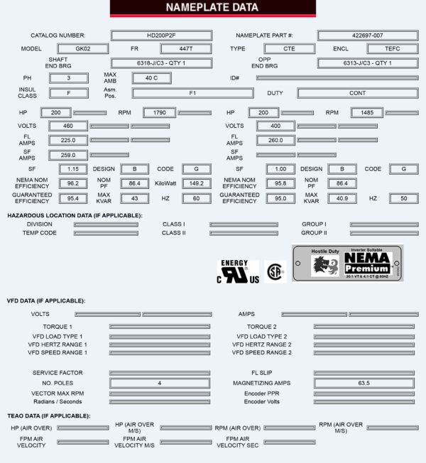 Ficha tecnica de motor segunda pagina Motor de 200HP 1790RPM 447T 4P trifasico 460V GK02 WM HD200P2F marca US Motors NEMA TEFC FCA-Miami MPN:HD200P2F