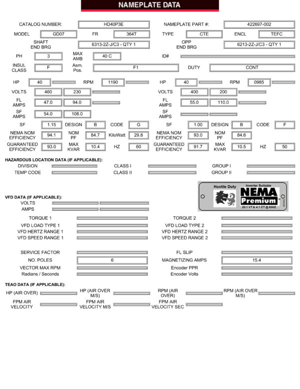 Ficha tecnica de motor segunda pagina Motor de 40HP 1200RPM 6P 364T proposito general HostileDuty Premium Efficient GD07 HD40P3E WM TEFC marca US Motors NEMA FCA-Miami MPN:HD40P3E