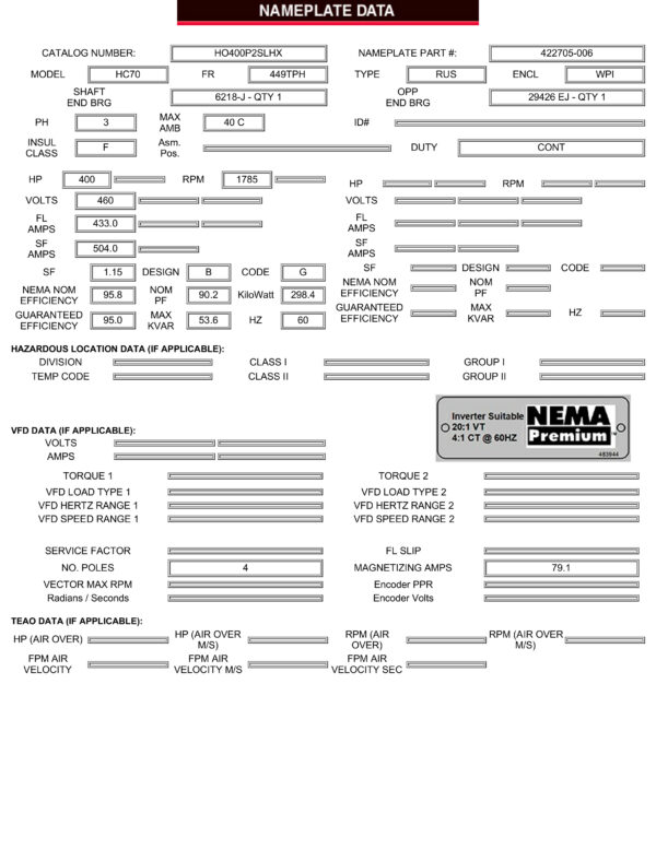 Ficha tecnica de motor segunda pagina Motor de 400HP vertical eje hueco 230/460V trifasico 1800 RPM marca US Motors Nidec MPN:HO400P2SLHX