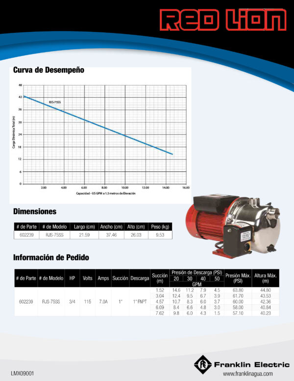 Curva caracteristica de bomba Bomba tipo jet 0.75HP 10GPM 115/230V Hopt63m Serie RJS marca RED LION submarca de Frankllin Electric CD: MPN:97080702
