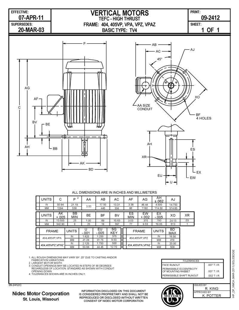 Motor vertical eje hueco 100HP USmotor 405VP