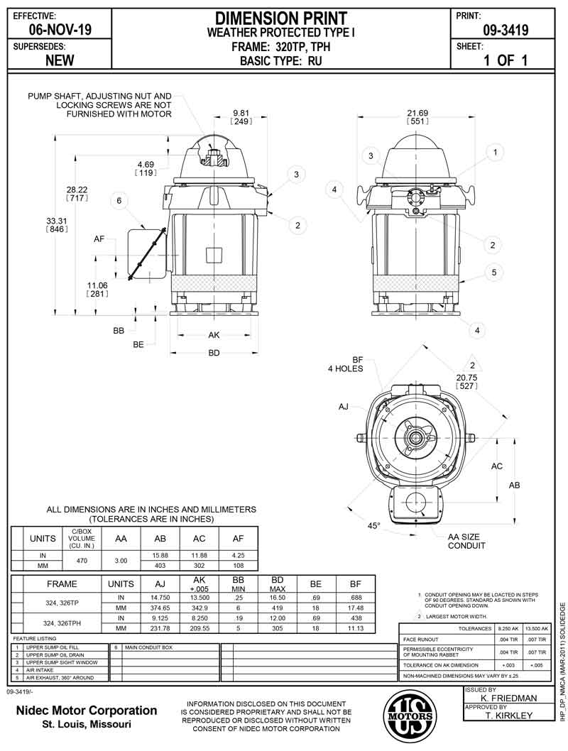 40HP 3PH 230/460V YD Motor vertical USmotor HO40P2BLG